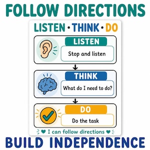 Listening and Following Directions Printable for Kids | Step-by-Step Instruction Boards | Classroom, ADHD and Autism Support (10 Boards)