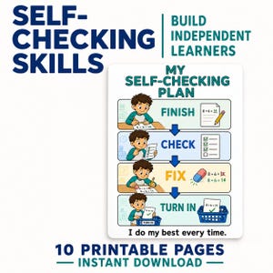 Op de afbeelding: Een printbare educatieve kaart getiteld My Self-Checking Plan met vier stappen: Finish, Check, Fix en Turn In. Elke stap toont een stripfiguur die de actie uitvoert met werkbladen, een potlood, een gum en een blauwe mand.