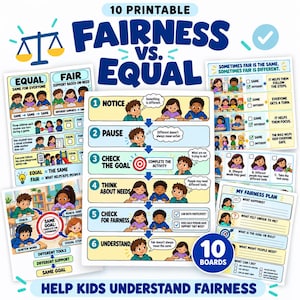 Puede incluir: Un conjunto de 10 tableros educativos imprimibles titulados Fairness vs. Equal, con ilustraciones coloridas de niños en entornos escolares. Los tableros incluyen guías paso a paso, listas de verificación y diagramas sobre equidad e igualdad.