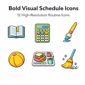 May include: An image with the text "Bold Visual Schedule Icons" and "12 High-Resolution Routine Icons". The image features colorful illustrations of a book, calculator, paintbrush, beach ball, tray of food, and broom.