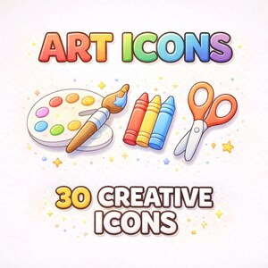 May include: A vibrant illustration featuring art supplies: a palette, paintbrush, crayons, and scissors. The image includes the text "ART ICONS" and "30 CREATIVE ICONS", suggesting a set of creative icons.
