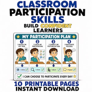 May include: A classroom participation skills chart titled My Participation Plan with four steps featuring a cartoon student. Steps include I notice I'm off task, I check my participation, I correct my posture/action, and I participate focused.
