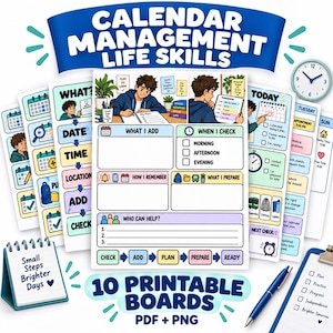 Könnte beinhalten: Ein Set aus 10 druckbaren Kalender-Management- und Lebenskompetenz-Boards in PDF- und PNG-Formaten. Die Blätter zeigen farbenfrohe Illustrationen einer Person, die ihren Zeitplan plant, mit Abschnitten für das, was hinzugefügt werden muss, wann geprüft werden muss, wie man sich erinnert, was vorbereitet werden muss und wer helfen kann, neben einem kleinen Tischkalender und einem blauen Stift.