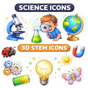 Science Icons for Kids | 30 STEM, Experiment and Nature Clipart PNG | Classroom Science & Learning Visuals
