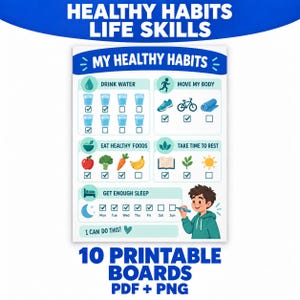 以下が含まれることがあります： 「My Healthy Habits」と題された印刷可能なチャート。水分摂取量、身体活動、健康的な食事、休息、睡眠を記録するセクションがあります。チェックボックス、アイコン、青いペンを持った人物のイラストが含まれています。