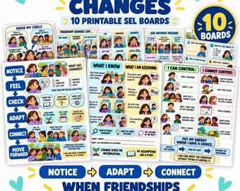 Puede incluir: Un conjunto de 10 tableros de aprendizaje socioemocional imprimibles titulados Friendship Changes. Los tableros presentan ilustraciones coloridas de niños, indicaciones basadas en texto, listas de verificación y diagramas de flujo para ayudar a navegar los cambios en las amistades.