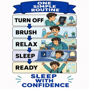 May include: An infographic titled ONE SIMPLE ROUTINE showing a person in a teal hoodie following five steps: TURN OFF a tablet, BRUSH teeth, RELAX by reading, SLEEP in bed, and READY for the day. The bottom text reads SLEEP WITH CONFIDENCE.