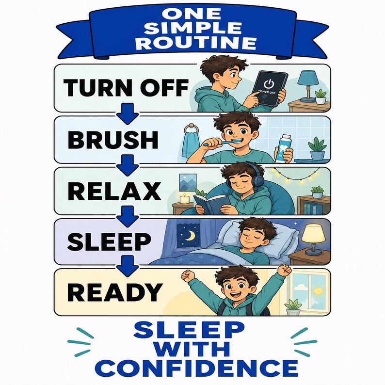 May include: An infographic titled ONE SIMPLE ROUTINE showing a person in a teal hoodie following five steps: TURN OFF a tablet, BRUSH teeth, RELAX by reading, SLEEP in bed, and READY for the day. The bottom text reads SLEEP WITH CONFIDENCE.