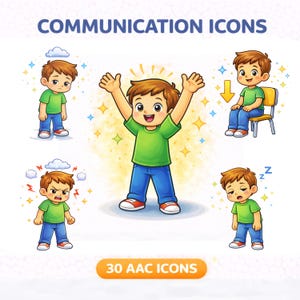 May include: A digital illustration titled "COMMUNICATION ICONS" features a collection of cartoon children expressing various emotions. The children are depicted in green shirts and blue pants. The image includes the text "30 AAC ICONS".