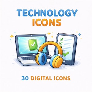 Puede incluir: Ilustración de iconos de tecnología, incluyendo un portátil, una tableta y auriculares. La pantalla del portátil muestra un icono de batería con una marca de verificación, y la tableta una lista de verificación. Los auriculares son amarillos y azules. Texto: "TECHNOLOGY ICONS" y "30 DIGITAL ICONS."