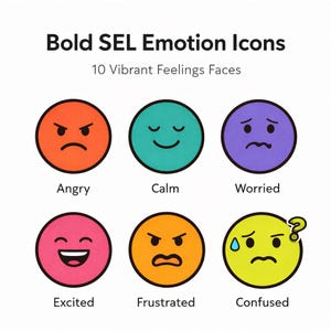 Puede incluir: Imagen de "Iconos de emociones SEL audaces" con 10 caras de sentimientos vibrantes. Las caras están en círculos con las expresiones "Enojado", "Calmado", "Preocupado", "Emocionado", "Frustrado" y "Confundido". Cada cara tiene un color diferente.