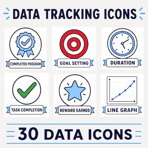 May include: A graphic featuring six data tracking icons, including a checkmark, a target, and a clock. Each icon is in a circle with a banner below describing the icon. The text "DATA TRACKING ICONS" and "30 DATA ICONS" are also displayed.
