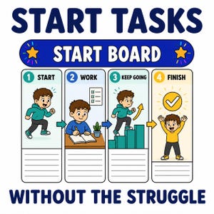 May include: A visual task chart titled START TASKS START BOARD WITHOUT THE STRUGGLE. It features four numbered steps: 1 START with a running child, 2 WORK with a child writing, 3 KEEP GOING with a child climbing stairs, and 4 FINISH with a happy child.