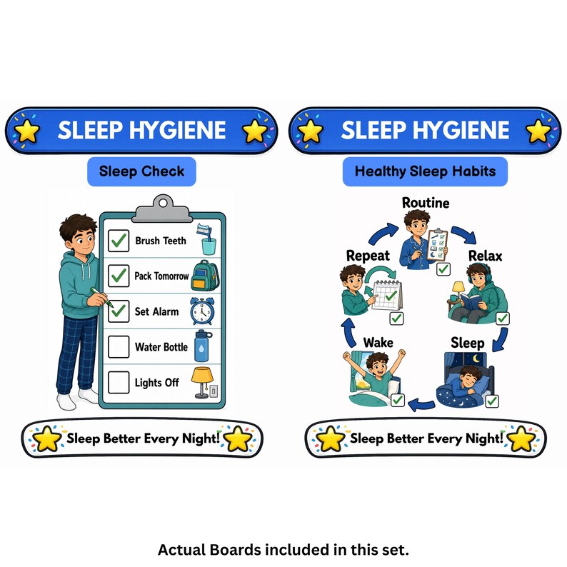 May include: Two educational posters titled SLEEP HYGIENE with yellow stars. The left poster shows a checklist with icons for brushing teeth, packing a backpack, setting an alarm, a water bottle, and a lamp. The right poster illustrates a cycle of healthy sleep habits including routine, relaxing, sleeping, waking, and repeating.