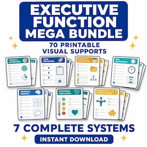 Puede incluir: Executive Function Mega Bundle que incluye 70 apoyos visuales imprimibles y 7 sistemas completos. Las tarjetas contienen categorías como Focus & Attention, Task Initiation, Planning & Organization, Time Management, Working Memory, Emotional Regulation y Flexibility & Problem Solving con iconos y listas de verificación.
