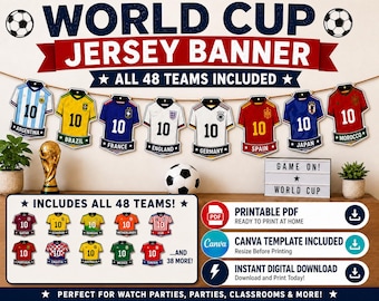 Printable World Cup 2026 Jersey Banner | All 48 Country Jerseys | Soccer Party Decorations | Instant Download PDF | FIFA World Cup Decor