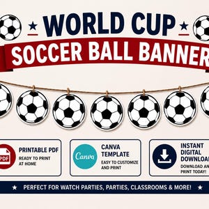 May include: A digital banner featuring the text WORLD CUP SOCCER BALL BANNER in dark blue and red. Seven circular soccer ball graphics hang from a string. Three rectangular boxes display icons for a printable PDF, a Canva template, and a download.