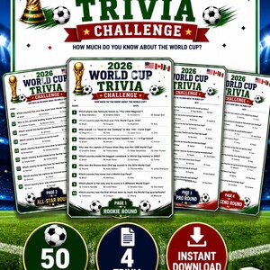 May include: A 2026 World Cup trivia challenge game set featuring four printable pages with 50 questions total. The design includes a gold trophy, soccer balls, and flags of the USA, Canada, and Mexico. Text includes 2026 World Cup Trivia Challenge.