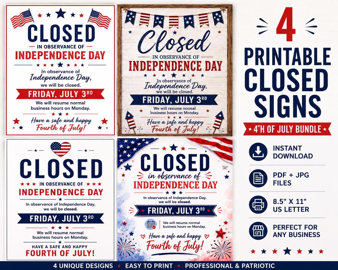 Friday 3rd July Sign Closed Bundle, Independence Day Printable Sign ...