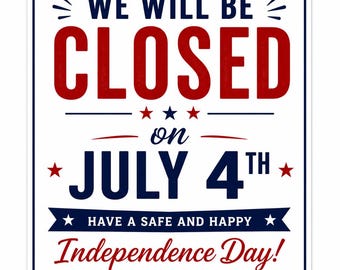Placa de "Fechado" para o 4 de Julho, Placa Imprimível para o Dia da Independência, Aviso de Fechamento Comercial, Placa de "Fechado" para Vitrine de Escritório, PDF para Download Imediato