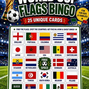 以下が含まれることがあります： 2026年ワールドカップ国旗ビンゴゲームカード。25マスのグリッドに各国の国旗と国名が記載され、中央にはフリースペースがあります。デザインには金色のトロフィー、サッカーボール、25種類のユニークなカードであることを示すテキストが含まれています。