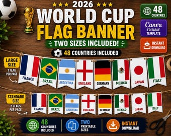 Afdrukbare vlagbanner WK 2026 | Alle 48 countrywimpels | 2 maten | Voetbalfeestdecoraties | Pdf direct downloaden | Klaslokaaldecoratie