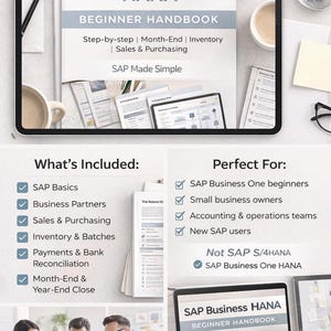 May include: A digital handbook titled "SAP Business One HANA Beginner Handbook" with a white and blue cover. The image includes a list of topics covered and a list of ideal users. The handbook is available as a PDF.