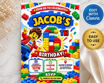 Building Blocks Birthday Invitation, Editable Canva Template, Printable Kids Party Invite, Instant Download