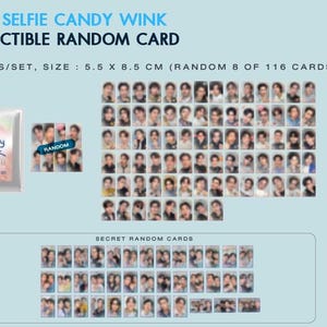 以下が含まれることがあります： 8枚セットのBoys Selfie Candy Winkコレクションカード。各カードのサイズは5.5 x 8.5 cmです。全116種類の中からランダムに8枚が選ばれるセットで、密封されたパックとシークレットカードが一緒に表示されています。