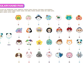 May include: A collection of lenticular hand fans featuring various colorful cartoon character designs. Each fan has a white handle with a small circular accent. The text LENTICULAR HAND FAN is displayed at the top, followed by a list of names.