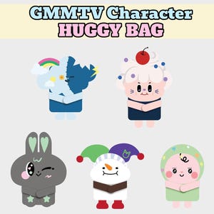May include: A collection of five GMMTV Character Huggy Bag designs featuring cartoon figures: a blue cloud with a rainbow, a cupcake-topped character, a grey rabbit with heart ears, a snowman in a jester hat, and a baby in a green hood.