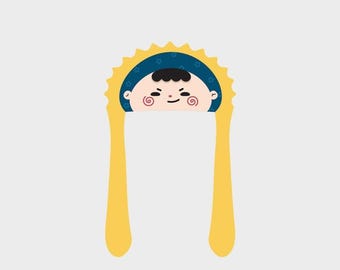 May include: A yellow hat with long side flaps featuring a dark blue crown decorated with small star patterns. The front displays a cartoon face with black hair, closed eyes, and red spiral cheeks. The GMMTV logo is visible in the top right corner.