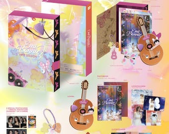 May include: Emi Bonnie Love Session DVD boxset featuring a colorful outer case with butterfly and music graphics, a photobook, two DVDs, thirteen postcards, four photocards, and an acrylic guitar-shaped keychain with a purple ball chain.