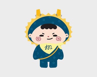 May include: A cartoon character plush toy wearing a dark blue hooded outfit with a repeating star pattern, a yellow sun-shaped collar, and a yellow neckerchief featuring the cursive letter m. The character has black hair and red swirls on cheeks.