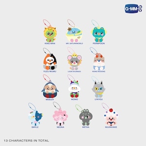May include: A collection of thirteen colorful character keychains with ball chains, featuring names like King Man, Mr. Saturnworld, Permpoon, Yuzu Mumu, Look Khunnoo, Nong Nooong, Wesley, Momo, Lykyou, Smyle, Neona, Metaa, and Nilknhake, with a GMMTV logo.