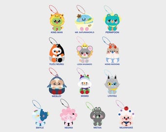 May include: A collection of thirteen colorful character keychains with ball chains, featuring names like King Man, Mr. Saturnworld, Permpoon, Yuzu Mumu, Look Khunnoo, Nong Nooong, Wesley, Momo, Lykyou, Smyle, Neona, Metaa, and Nilknhake, with a GMMTV logo.