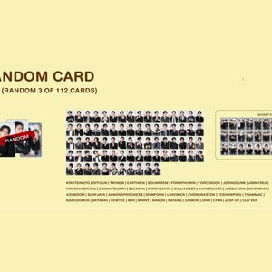 以下が含まれることがあります： 5.5 x 8.5 cmのBoys Random Cardコレクションで、全112枚のカードセットです。パステルパープルのカードスリーブ、赤いランダムラベルが付いた3枚のサンプルカード、そして名前が記載されたポートレートのグリッドが表示されています。