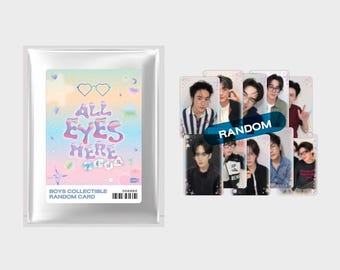 May include: A silver foil packet labeled ALL EYES HERE BOYS COLLECTIBLE RANDOM CARD with a pastel gradient background and heart glasses icon, displayed alongside a collection of eight individual portrait cards featuring various young men.