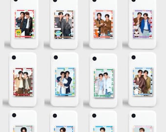 May include: Twelve white smartphone cases each featuring a GMMTV Mascot Character acrylic magnetic card holder. Each holder displays a unique rectangular photo of two people framed by colorful borders with various small cartoon mascot illustrations.
