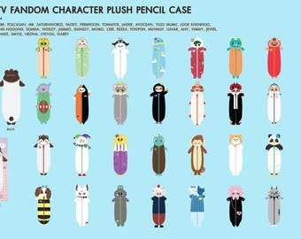 May include: A collection of GMMTV Fandom Character plush pencil cases, 25-27 cm in size, displayed on a light blue background. The image features various colorful, cartoon-style character designs, including front and back views and packaging.