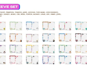 May include: A photocard sleeve set containing 20 pieces with 2 sleeve designs per character. The set features various colorful borders and character illustrations. Text includes "PHOTOCARD SLEEVE SET", "Total 20 Pieces/Set", and "Size : 6.3 x 8.9 cm".