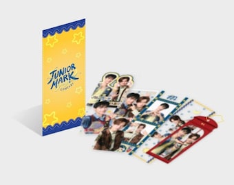 May include: A yellow rectangular card with blue scalloped edges and star patterns, featuring the text Junior Mark Concert. Beside it are several rectangular photo strips and a red bookmark-style item, all displaying images of people.