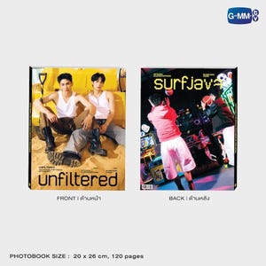 May include: A photobook with two covers. The front cover features two people in white tank tops and jeans, with the word "UNFILTERED" in large, red letters. The back cover shows a person in a red hoodie with the word "surfjava". The photobook is 20 x 26 cm and has 120 pages.