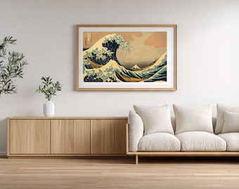 A Grande Onda de Kanagawa | Edição Original de Alta Resolução da NDL | Gravura Icônica e Famosa de Hokusai - Fonte Autêntica