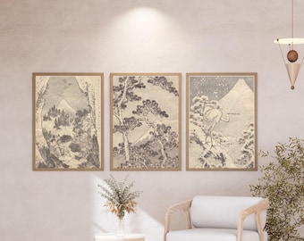 Três Momentos do Monte Fuji - Edição Garça | Tríptico Minimalista Japonês | Conjunto de 3 Impressões Artísticas para Parede com Simbolismo da Garça