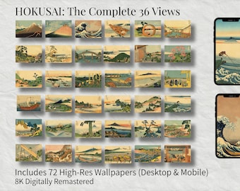 Pacote de papéis de parede Hokusai para Mac, iPhone, iPad e Notion | Fundos estéticos japoneses em 8K para desktop e dispositivos móveis | Espaço de trabalho moderno