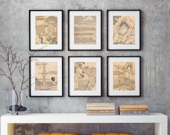 Conjunto de 6 quadros da Galeria Hokusai | Decoração Japonesa para Sala de Estar e Quarto | Gravuras selecionadas do Monte Fuji para Interiores Modernos