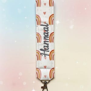 Embroidered Name Fabric Key Fob Wristlet | Rainbow Heart Pattern Keychain
