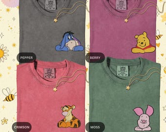Comfort Colors® Embroidery Disney Characters Shirt, Minimalist Winnie The Pooh Eeyore Tigger Piglet T-Shirt, Aesthetic Hundred Acre Wood Top