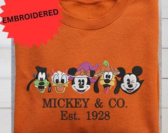 Mickey And Friends Embroidered Sweatshirt, Disney Halloween Pullover, Spooky Season Clothing, Autumn Festival Crewneck, Disneyland Apparel